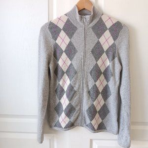 Charter Club Women's Gray Argyle 2-Ply Cashmere Zip Front Sweater Size M